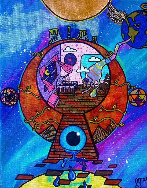 Abandonment, painting by Shai Davenport: a keyhole doorway into a child's room with a crib, a large blue eye shedding tears, set in a swirling blue and violet sky.