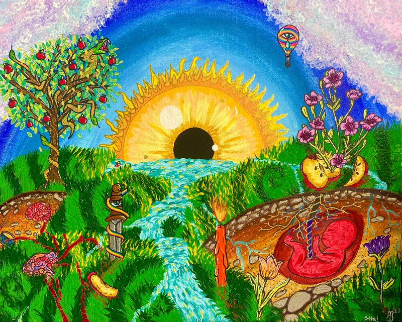 The Apple Fell Far From the Tree, painting by Shai Davenport: a blazing sun with a dark center over green hills, a winding river and an apple tree wrapped by a snake.