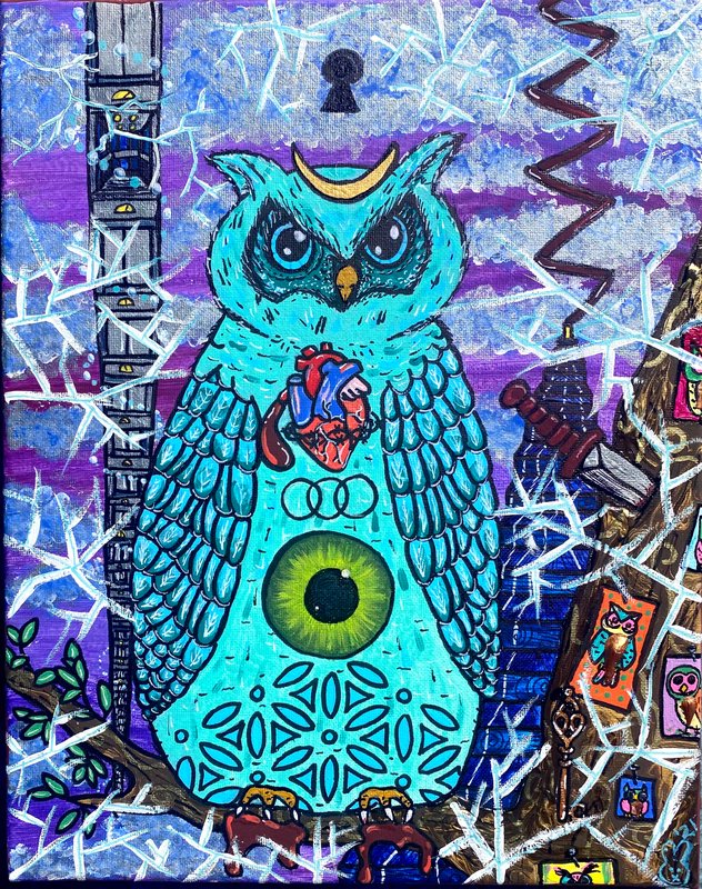 The Dream Messenger, painting by Shai Davenport: a turquoise owl with a crescent moon crown, a heart and a green eye on its chest, perched among white branches beside a tall building.